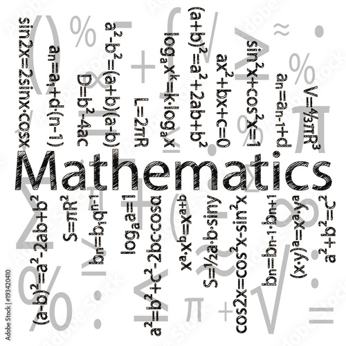 Set of basic mathematical formulas on the background of mathematical signs. In the center of the picture is the name "Mathematics", and vertically drawn formulas. Vector illustration