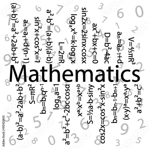 Set of basic mathematical formulas on the background of prime numbers. In the center of the picture is the name "Mathematics", and vertically drawn formulas. Vector illustration