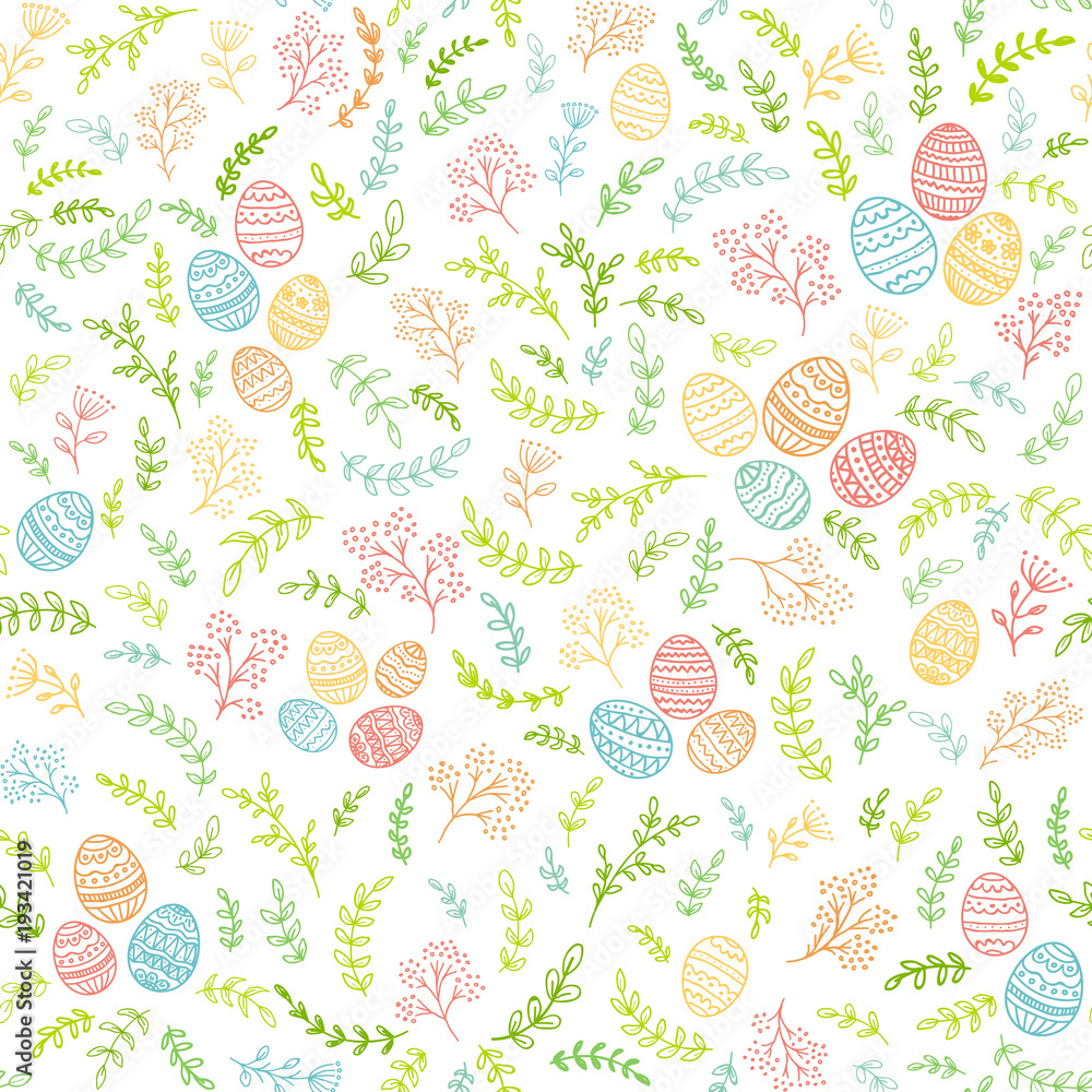 Fototapeta premium Seamless Easter decorations with colorful eggs and floral elements