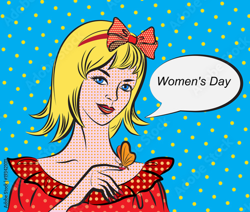 retro girl in red dress with butterfly congratulates with a woman's day