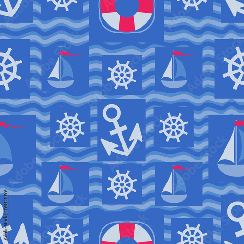 Marine elements design on blue waves. Seamless pattern. Design for textiles, packaging, marine equipment for packaging materials.