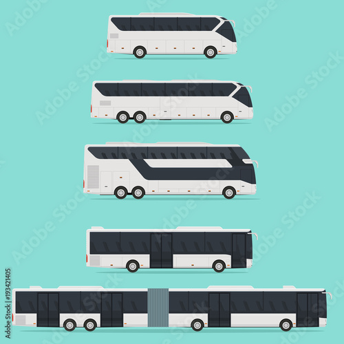 Set of realistic different tourist and city buses isolated on a light background. There are no gradients. Vector illustration.
