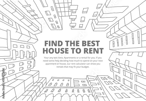 Background for text on the rental of real estate sketch. Apartment house in a circle frame. Hand drawn black line. Flat vector illustration stock clipart