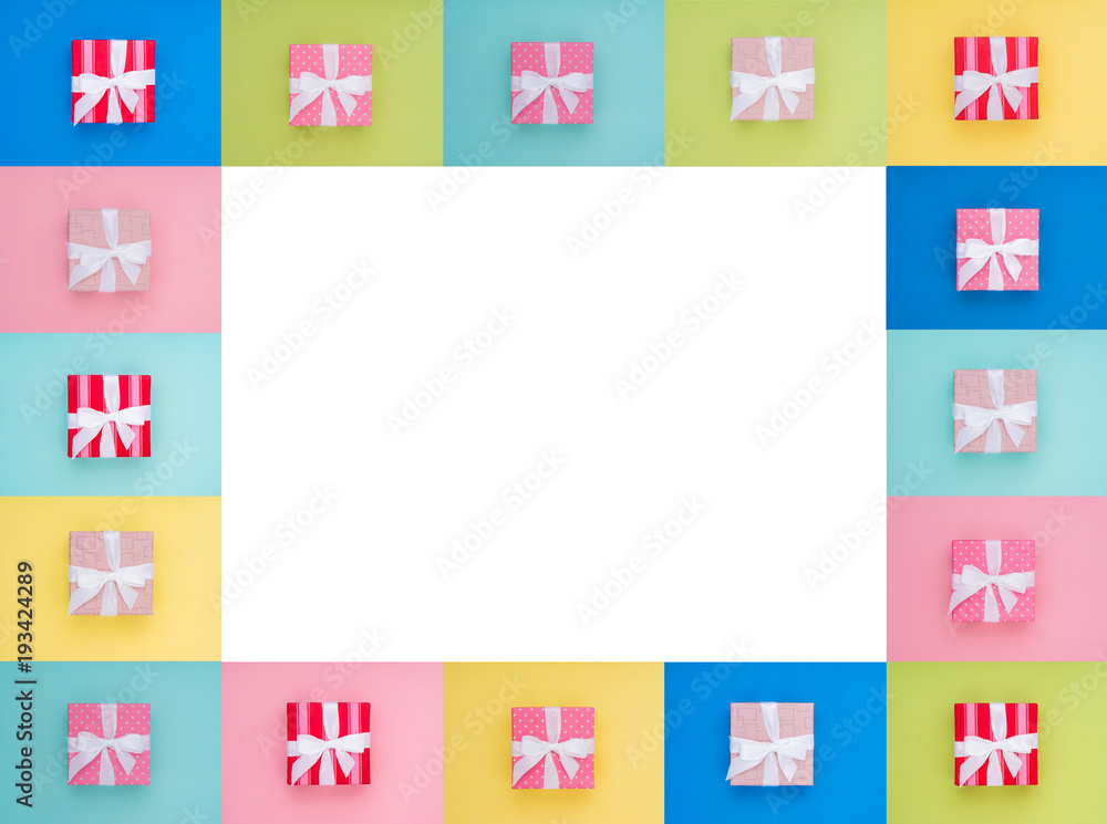 Wrapped gift box. Collage. Pastel Colour flat lay minimal concept. Wrapped gift box. Collage. Pastel Colour flat lay minimal concept.