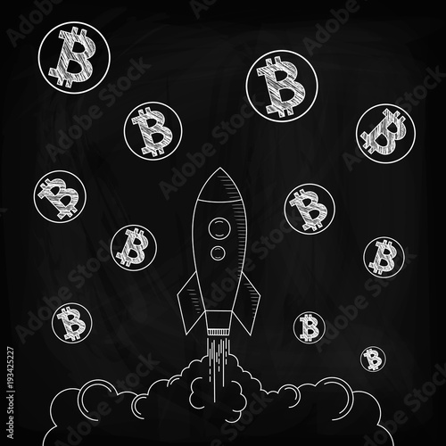 The carrier rocket soars up. Coins bitcoins also take off upward.Vector illustration.