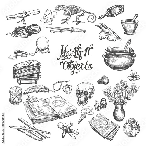 Magic object hand drawn vector set.