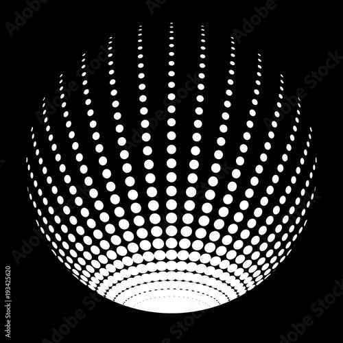 Set of abstract round 3d white sphere consisting of dots in form of halftone. Scientific and technical frame illustration. Flat cartoon illustration. Objects isolated on a white background.