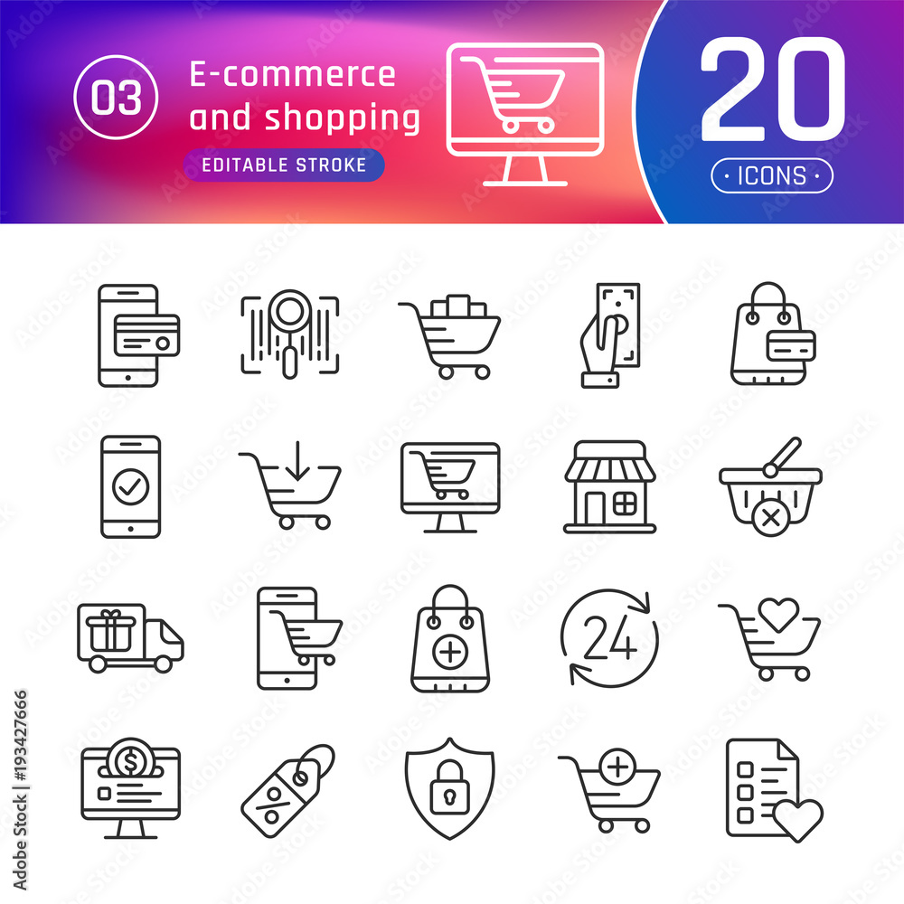 Online shopping and e-commerce line icons set. Suitable for banner, mobile application, website. Editable stroke