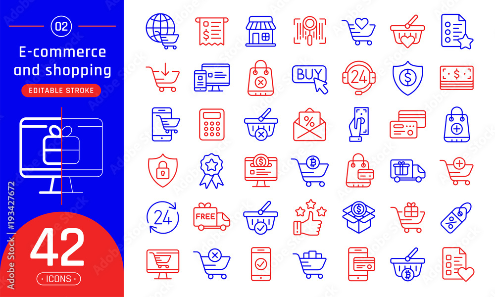 Online shopping and e-commerce line icons set. Suitable for banner, mobile application, website. Editable stroke Online shopping and e-commerce line icons set. Suitable for banner, mobile application, website. Editable stroke