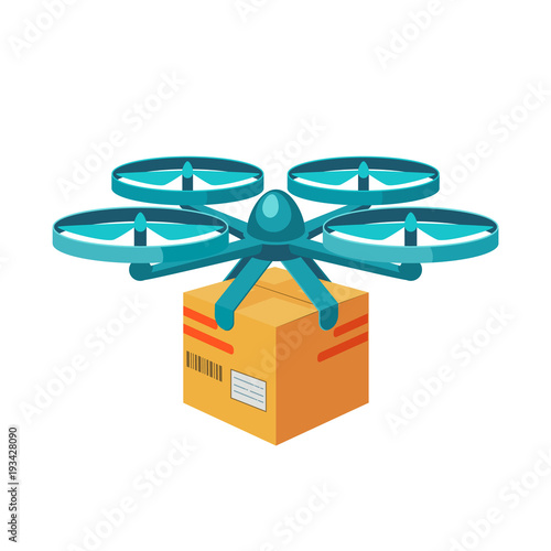 Quadcopter icon. Remote air drone with parcel. Modern delivery of the package by flying quadcopter. Flat style concept.