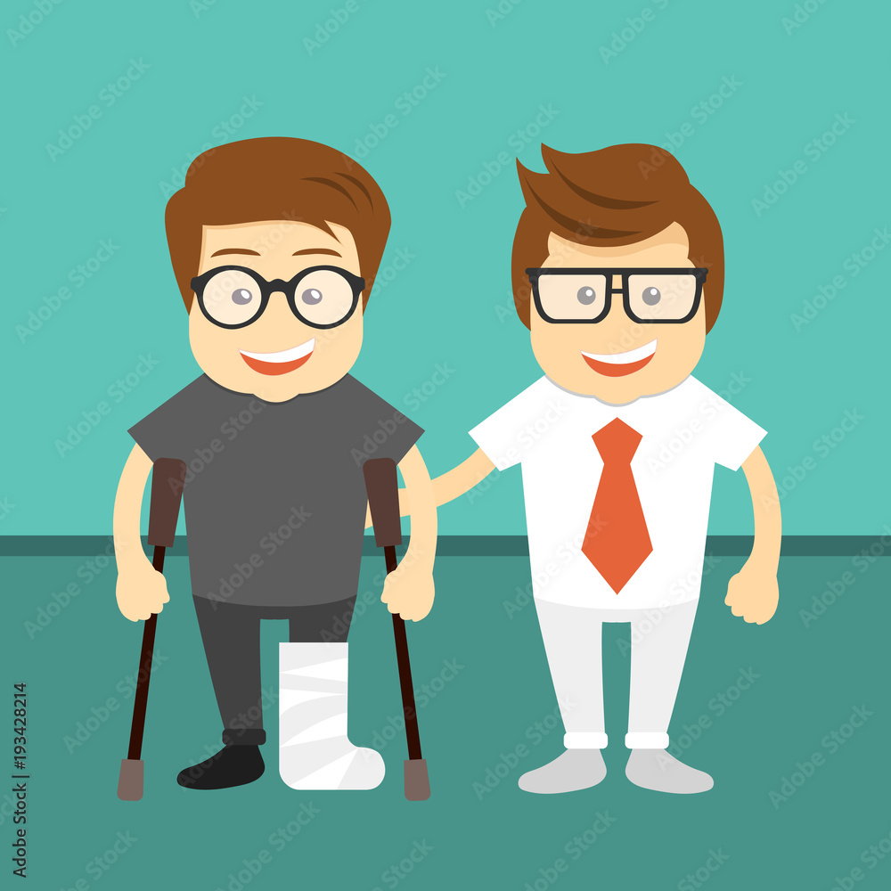Patient with broken leg and his doctor. Flat vector illustration Patient with broken leg and his doctor. Flat vector illustration