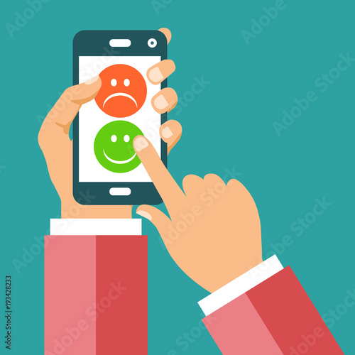Concept of feedback, testimonials messages and notifications. Smiley faces on smart phone. Good and bad customer review. Flat vector illustration