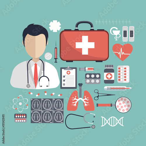 Health care and medicine concept. Flat vector illustration