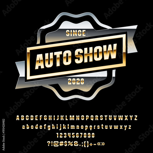 Vector metallic Silver label with ribbon Auto Show. Set of Golden Alphabet Letters, Numbers and punctuation Symbols