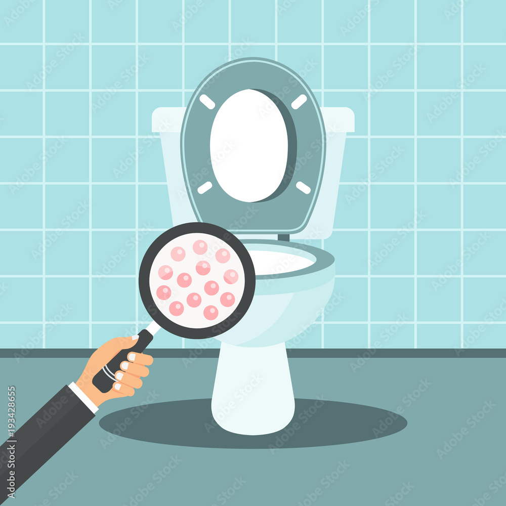 Toilet hygiene concept. Hand with magnifying glass showing bacteria in the  toilet bowl. Flat vector illustration Stock Vector | Adobe Stock