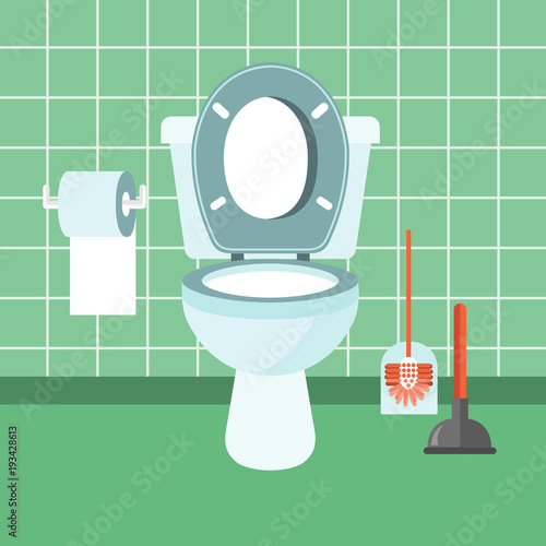 Bathroom interior with toilet bowl, toilet paper, brush and plumber. Flat vector illustration.