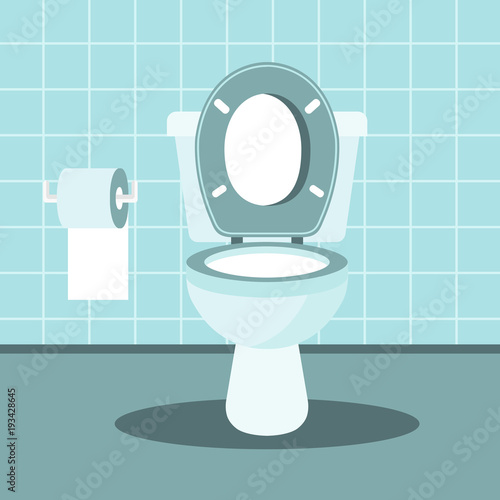 Bathroom interior with toilet bowl and toilet paper. Flat vector illustration.