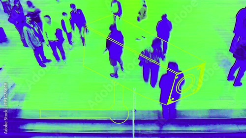 time lapse of people rushing around grand central station in new york with different cctv images overlayed