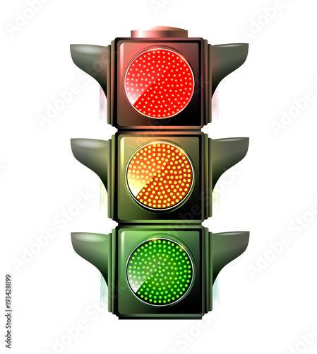 traffic lights with red, yellow and green lights on white background