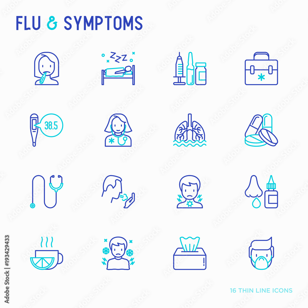Flu and symptoms thin line icons set: temperature, chills, heat, runny nose, bed rest, pills, doctor with stethoscope, nasal drops, cough, phlegm in the lungs. Modern vector illustration. Flu and symptoms thin line icons set: temperature, chills, heat, runny nose, bed rest, pills, doctor with stethoscope, nasal drops, cough, phlegm in the lungs. Modern vector illustration.