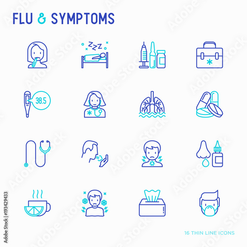 Flu and symptoms thin line icons set: temperature, chills, heat, runny nose, bed rest, pills, doctor with stethoscope, nasal drops, cough, phlegm in the lungs. Modern vector illustration.