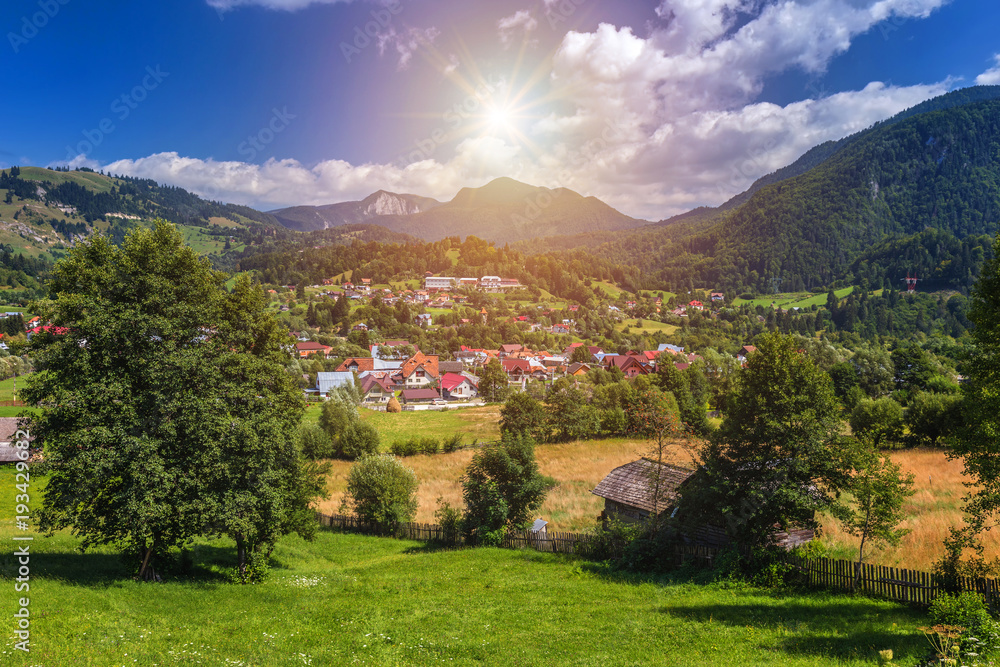 Summer alpine Transylvania landmark, landscape with green fields and valleys, high Piatra Craiului mountains, Carpathians, Transylvania, Romania, Europe