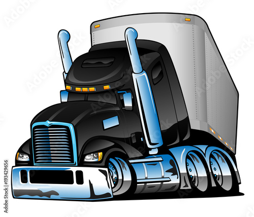Semi-truck with Trailer Big Rig Cartoon Isolated Vector Illustration, big black and beautiful, lots of chrome, cool stance