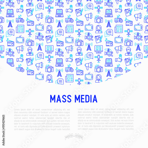 Mass media concept with thin line icons: journalist, newspaper, article, blog, report, radio, internet, interview, video, photo. Modern vector illustration for banner, print media, web page.