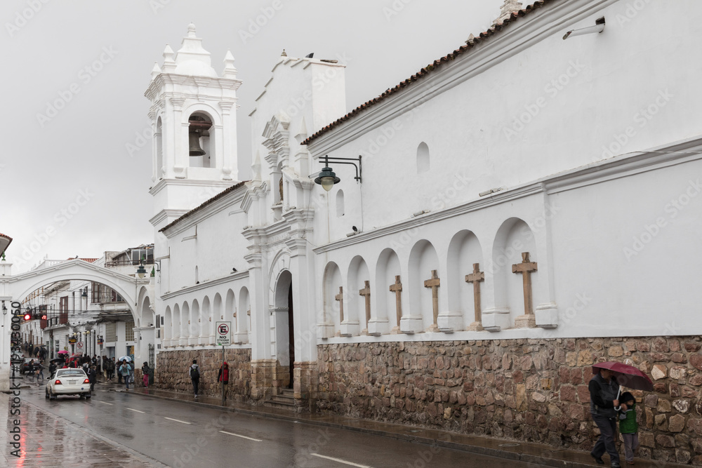 San Francisco church in Sucre, Bolivia. Sucre is the constitutional capital of Bolivia. Traditional colonial architecture, white houses.