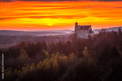Sunrise over the castle in Bobolice, Silesia, Poland