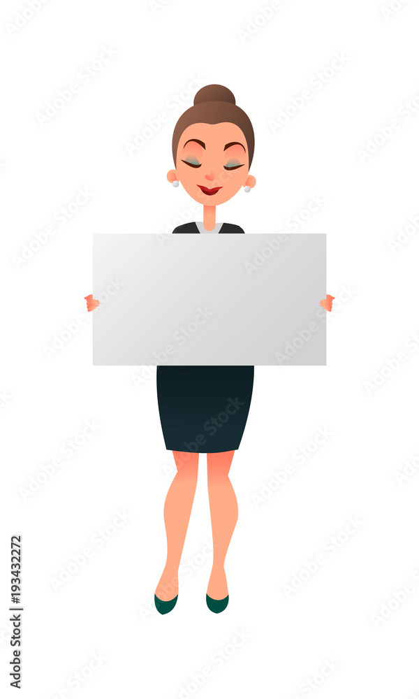 Woman manager or teacher holding a white board against white background. Businessman holds a horizontal poster. Lecturer showing blank signboard with copyspace. Woman manager or teacher holding a white board against white background. Businessman holds a horizontal poster. Lecturer showing blank signboard with copyspace.
