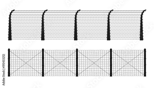 Concentration camp fence silhouettes. Barbed wire net and electric fencing. Genocide, holocaust, world war, concentration camp themed design elements. Vector brushes with ending tiles included.