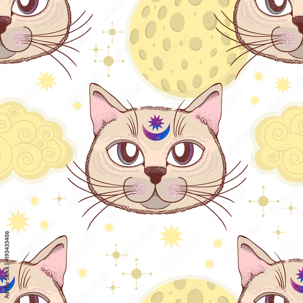 Vector pattern with a cat, moon, stars. Magical and fairy. Suitable for postcards, printing, posters, textiles. Vector pattern with a cat, moon, stars. Magical and fairy. Suitable for postcards, printing, posters, textiles.