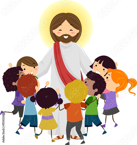 Man Jesus Stickman Kids Hug Illustration
