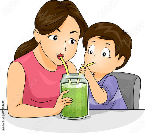 Girl Mom Kid Boy Drink Gree...