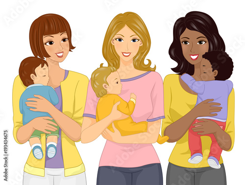 Girls Group Moms Babies Illustration