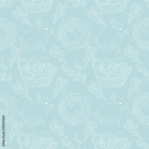Seamless pattern with flowers,bunnies, and easter eggs.