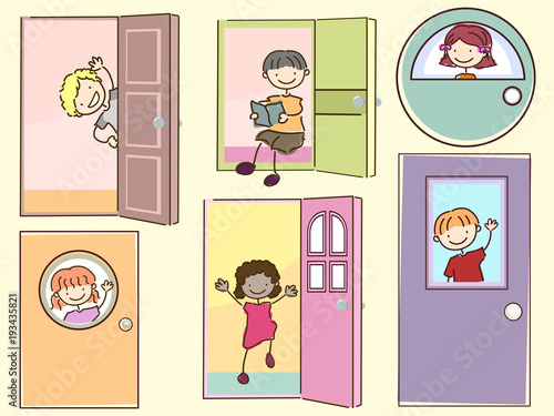Stickman Kids Doors Illustration