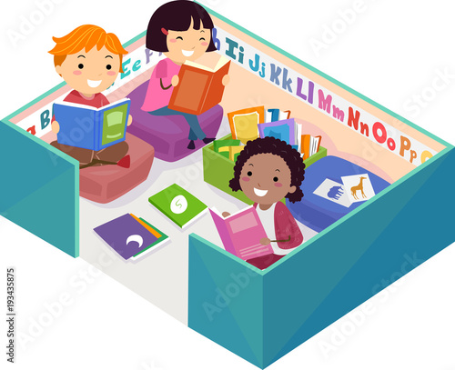 Stickman Kids Reading Pen Corner Illustration