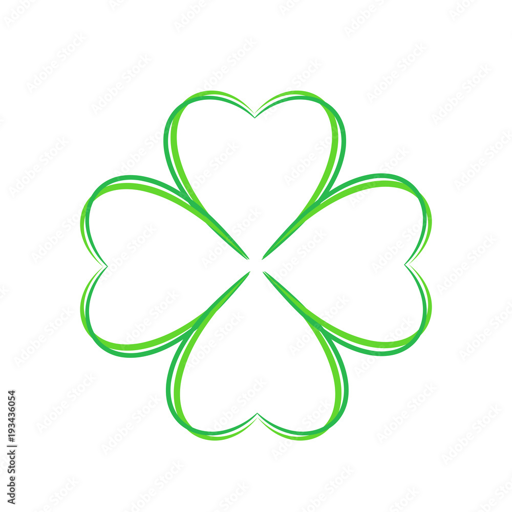 Four leaf green clover ahnd draw. Lucky quatrefoil. Good luck symbol. Decoration for greeting cards, patches, prints for clothes, emblems Four leaf green clover ahnd draw. Lucky quatrefoil. Good luck symbol. Decoration for greeting cards, patches, prints for clothes, emblems