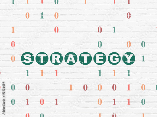 Business concept: Painted green text Strategy on White Brick wall background with Binary Code