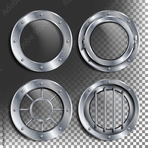 Silver Porthole Vector. Round Metal Window With Rivets. Bathyscaphe Ship Frame Design Element, Rocket, Aluminum. For Laboratory, Aircraft, Submarines. Isolated On Transparent Background Illustration