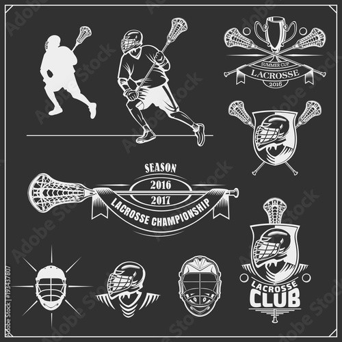 Lacrosse club labels, emblems, design elements and silhouettes of the players.