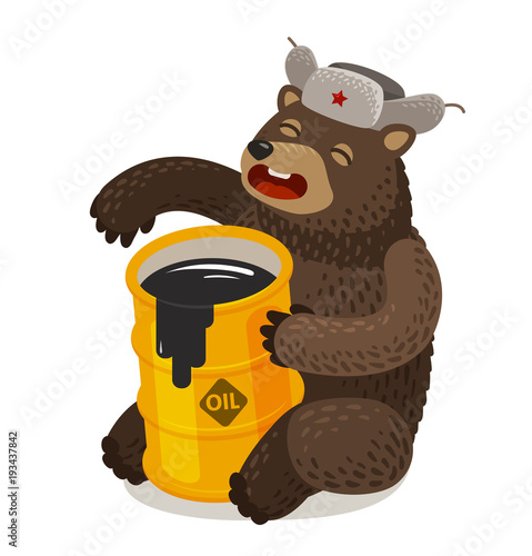 Funny Russian bear with barrel of oil. Cartoon vector illustration