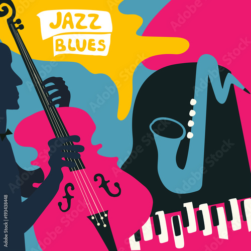 Jazz music festival poster with music instruments. Saxophone, piano and violoncello flat vector illustration. Jazz concert poster with cello player