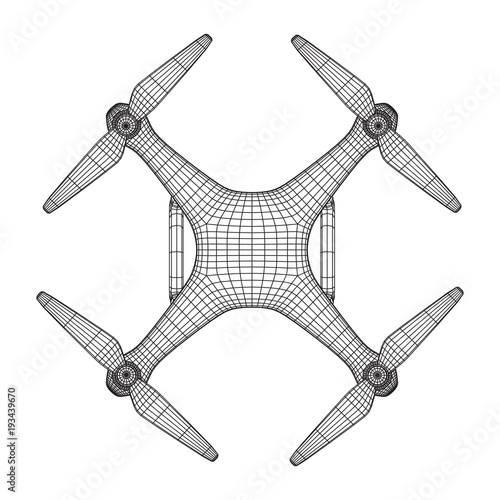 Remote control air drone. Dron flying with action video camera. Wireframe low poly mesh vector illustration