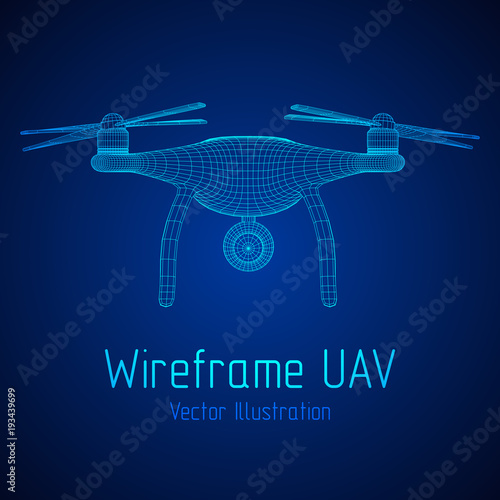 Remote control air drone. Dron flying with action video camera. Wireframe low poly mesh vector illustration