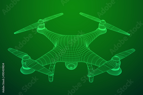 Remote control air drone. Dron flying with action video camera. Wireframe low poly mesh vector illustration