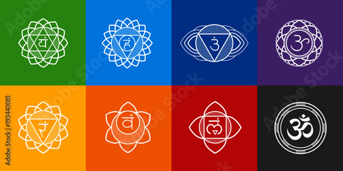 Chakras system of human body - used in Hinduism, Buddhism and Ayurveda. For design, associated with yoga - poster, banner. Vector Sahasrara, Ajna, Vishuddha, Anahata, Manipura, Swadhisthana, Muladhara