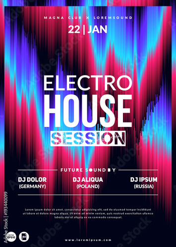 "Electro House session" party flyer. Glitch background. Eps10 vector.